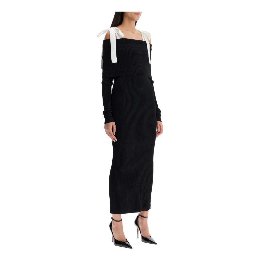 Rotate Birger Christensen Geribbelde off-shoulder maxi jurk Black Dames
