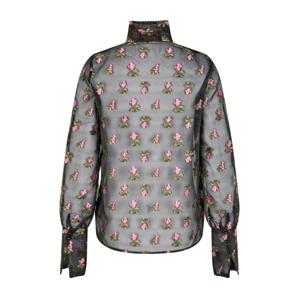 Cras Bloemen Geborduurde Doorschijnende Organza Blouse Black Dames
