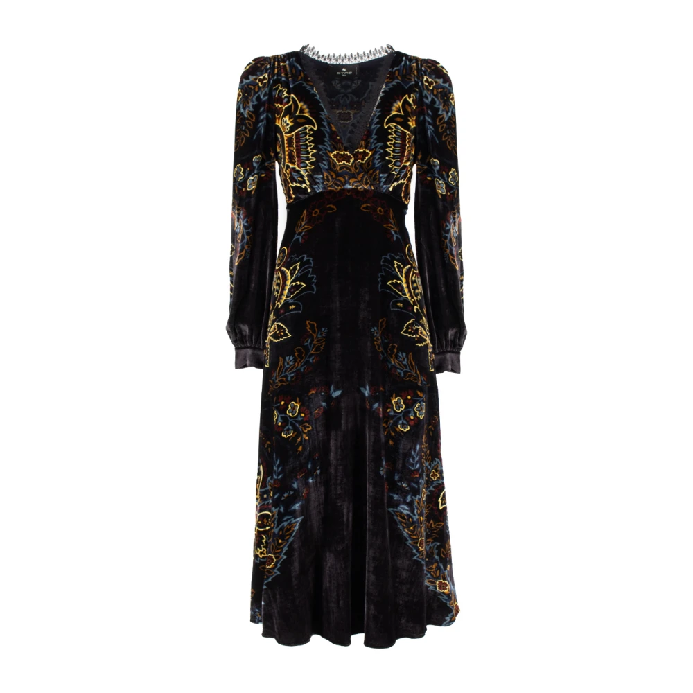 ETRO Bloemen Paisley Fluweel Jurk met Kant Black Dames