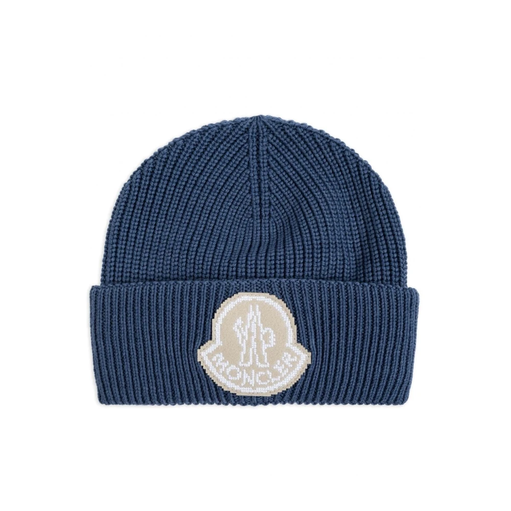 Moncler Blå Logo Patch Beanie Mössa Blue, Unisex