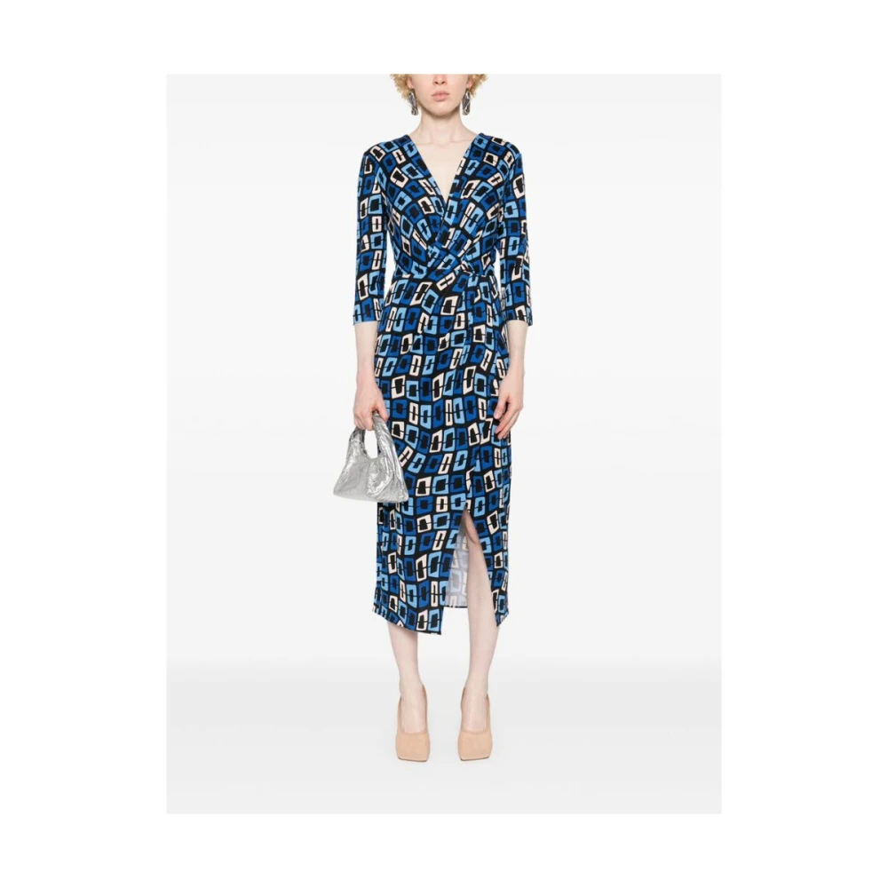 Diane Von Furstenberg Geometrische Zijden Jurk met Gedrapeerd Detail Blue Dames