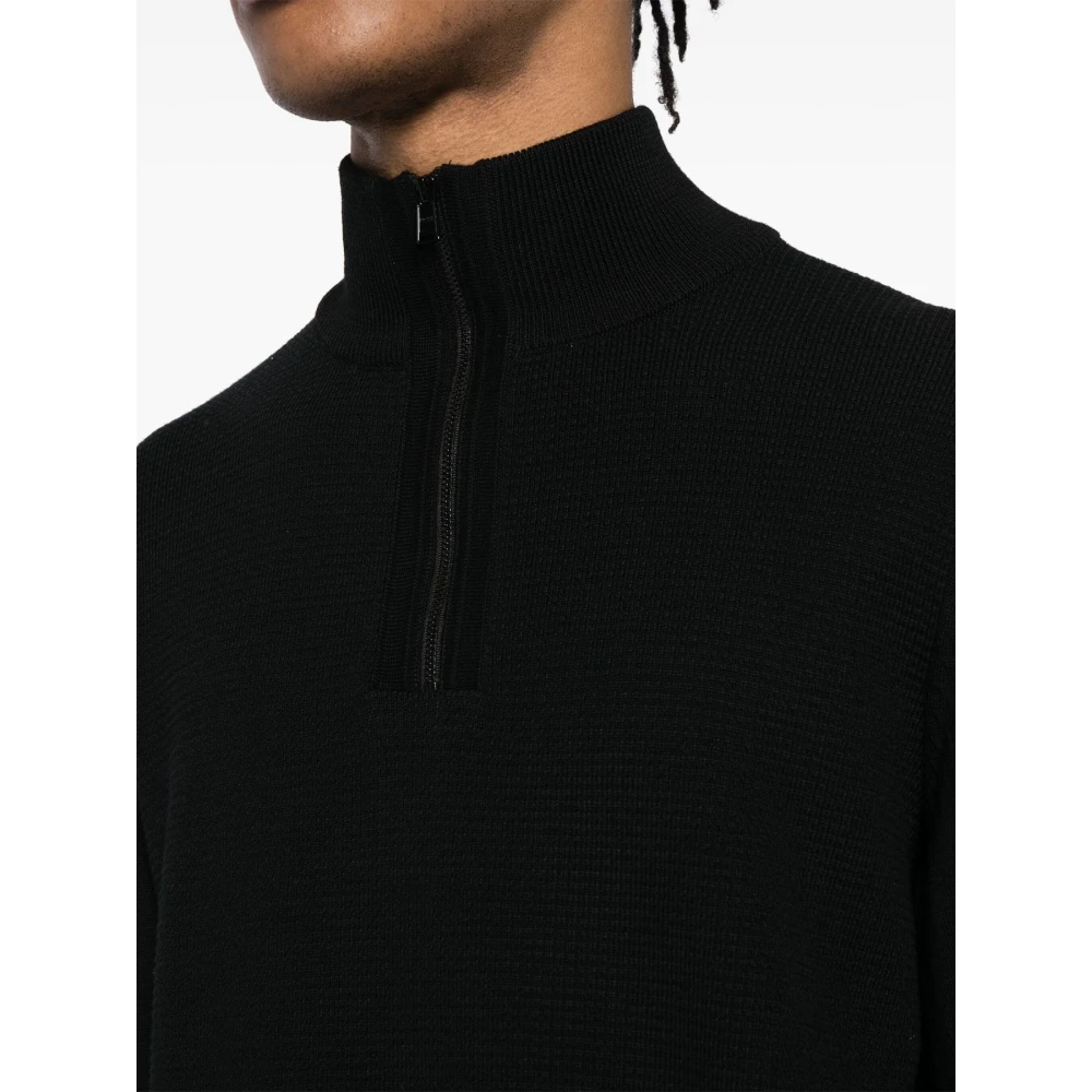 Boss Zwarte Wol Halve Rits Trui Black Heren