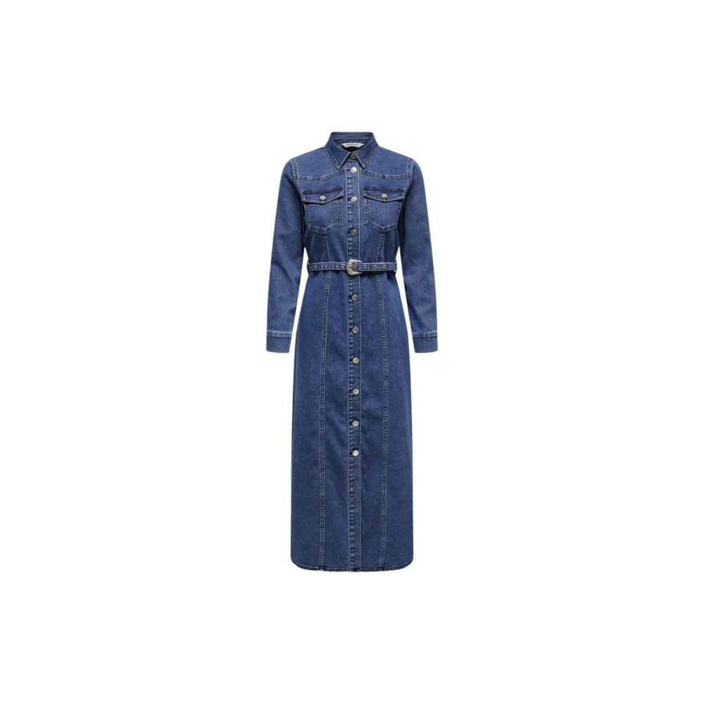 Only Blauwe Jurk met Zakken en Knopen Blue Dames