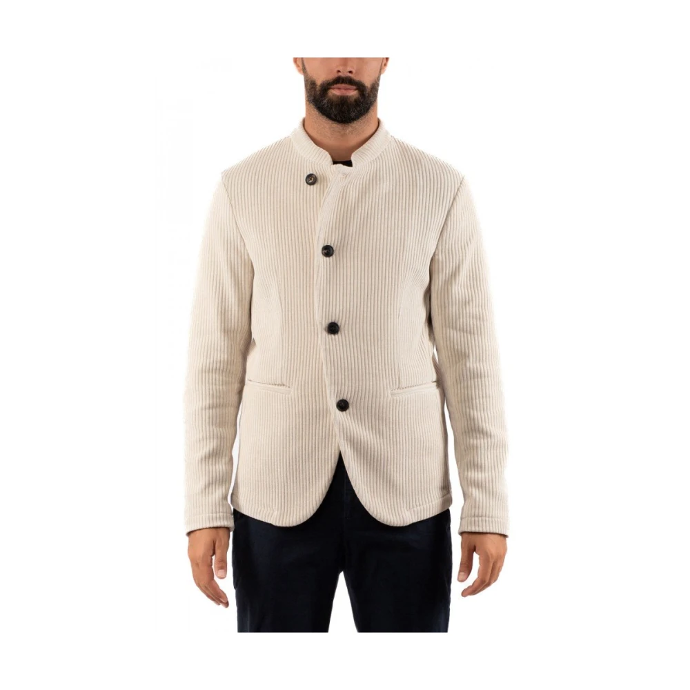 Emporio Armani Witte Schuim Blazer Diagonale Knoopsluiting Beige Heren