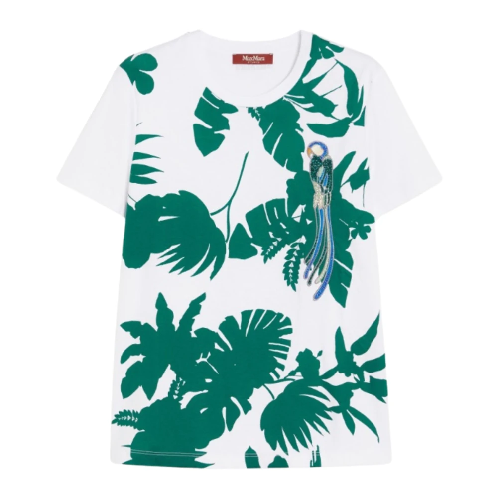 Max Mara Studio Women's White T-Shirts, Xs, Printed Cotton T-Shirt With Embroidered Details