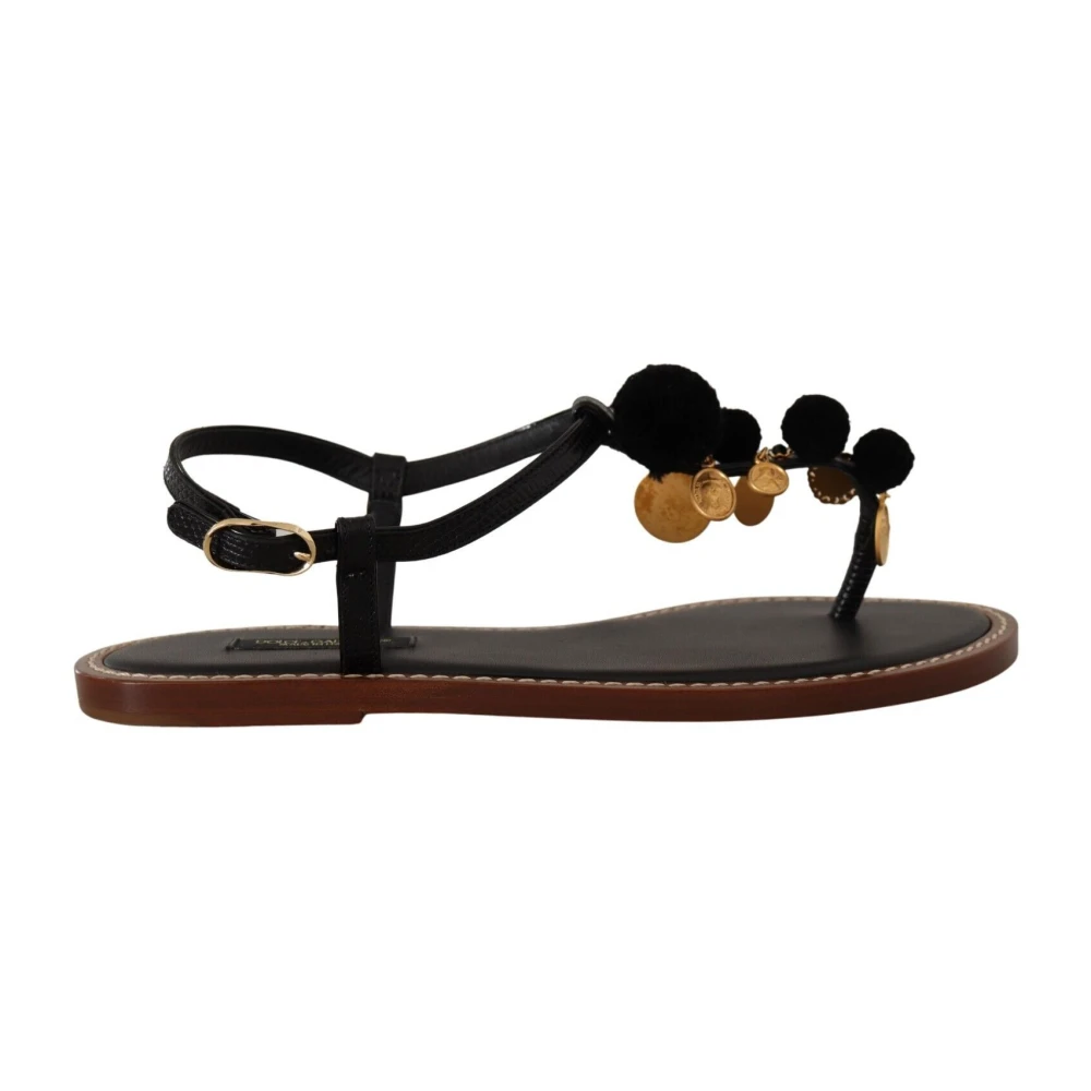 Dolce & Gabbana Svarta Lädermynt Flip Flop Sandaler Black, Dam