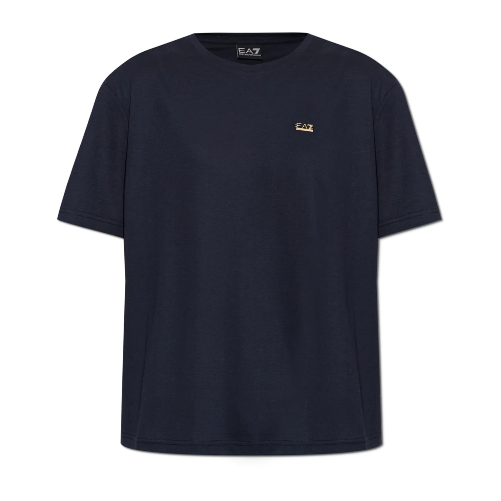 Emporio Armani Ea7 Kvinno Blå Toppar Dam, Xl, T-Shirt Med Logotypformad Applikation