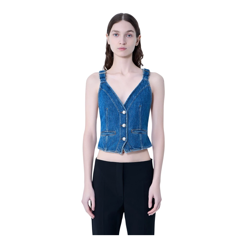 Sportmax Blue Sleeveless Tops, Female, 2XS, Buttoned Denim Vest