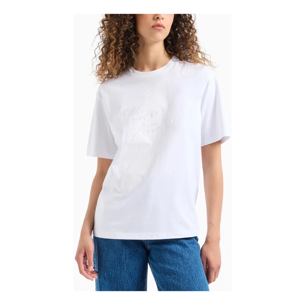 Emporio Armani Logo Print Sequin Embroidered T-shirt White Dames