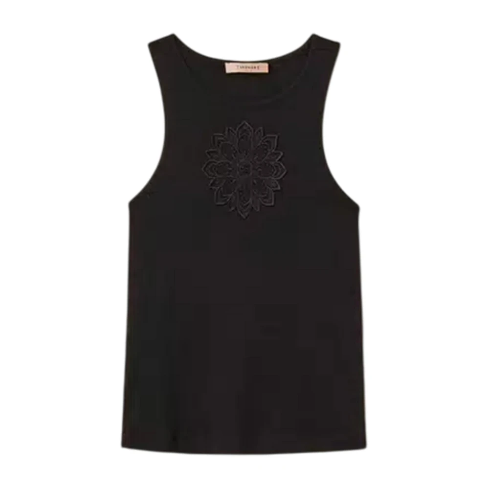 Twinset Women's Black Sleeveless Tops, L, Canotta Con Ricamo Floreale