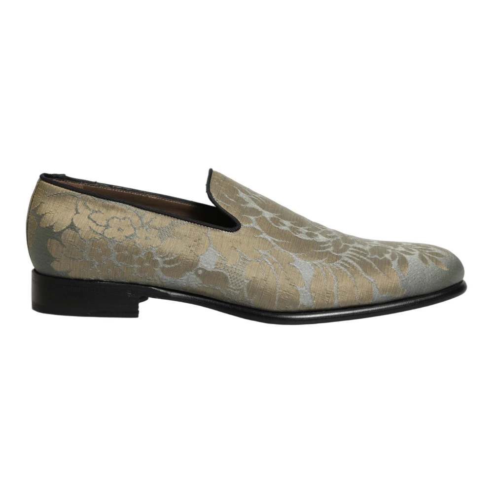 Dolce & Gabbana Men's Green Loafers, 10 Uk, Gold Floral Jacquard Slip On Loafers