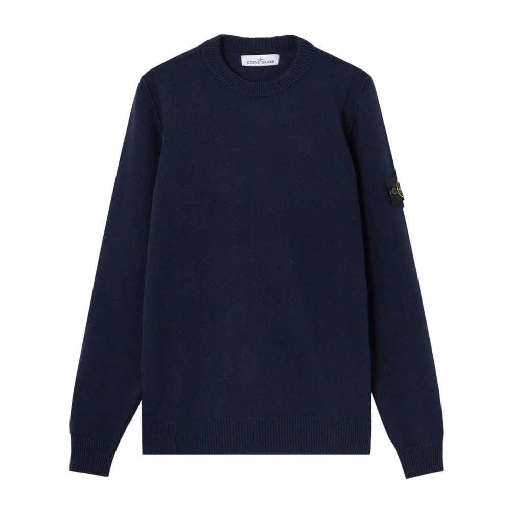 Stone Island , Round-Neck Knitwear, Male, Blue, L, Logo Patch Crewneck Jumper