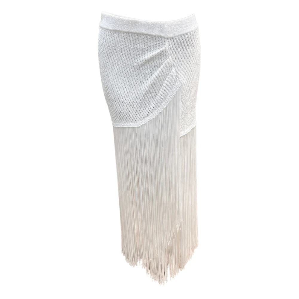 Simona Corsellini White Maxi Skirts, Female, Xs, Gonna In Maglia Luxury Con Drappeggio E Frangia