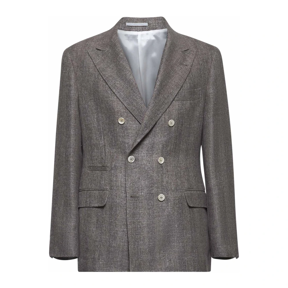 Brunello Cucinelli Brun Randig Linne Siden Blazer Jacka Brown, Herr