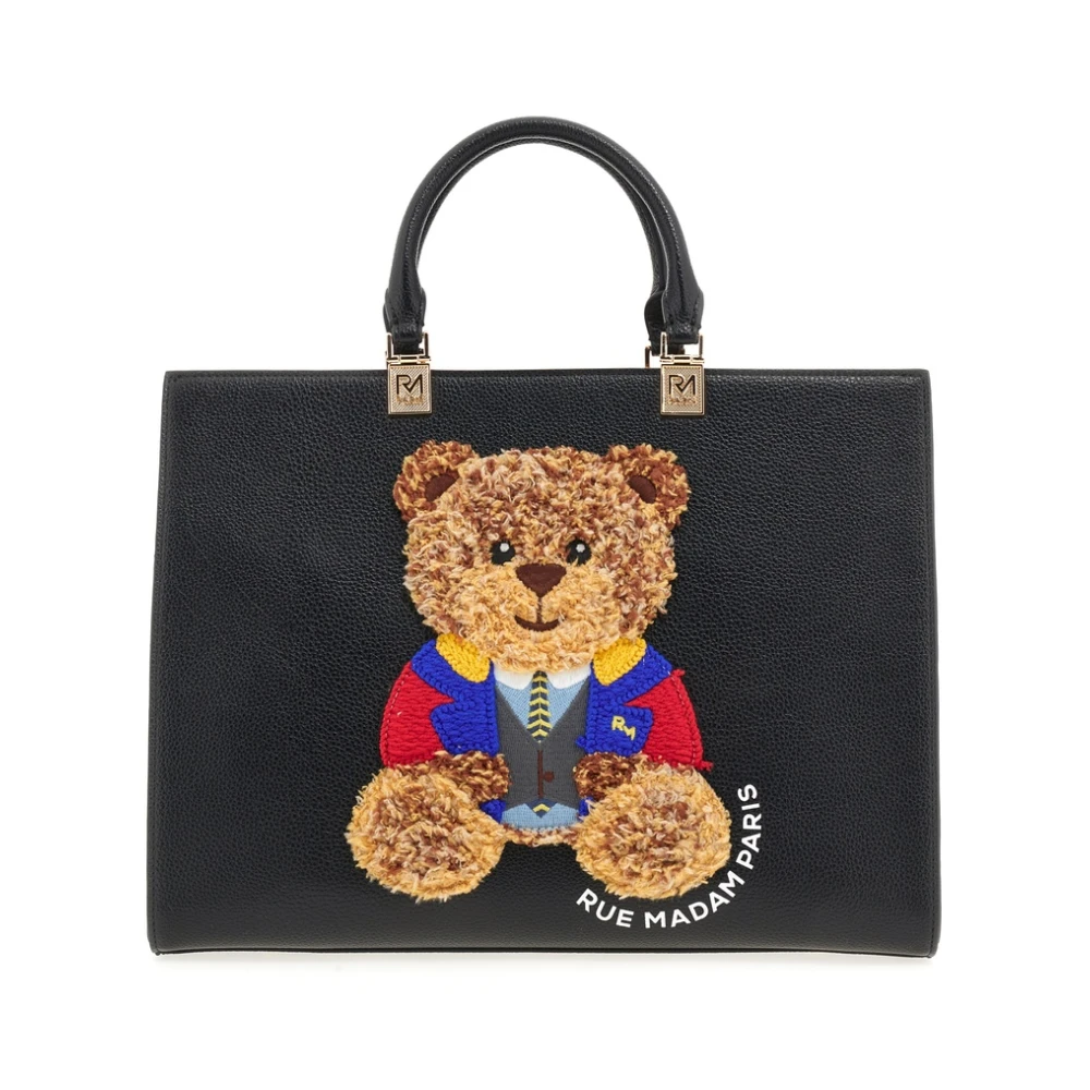 Rue Madam Donna Nero Borsa Tote In Ecopelle Nera Con Iconico Orsetto