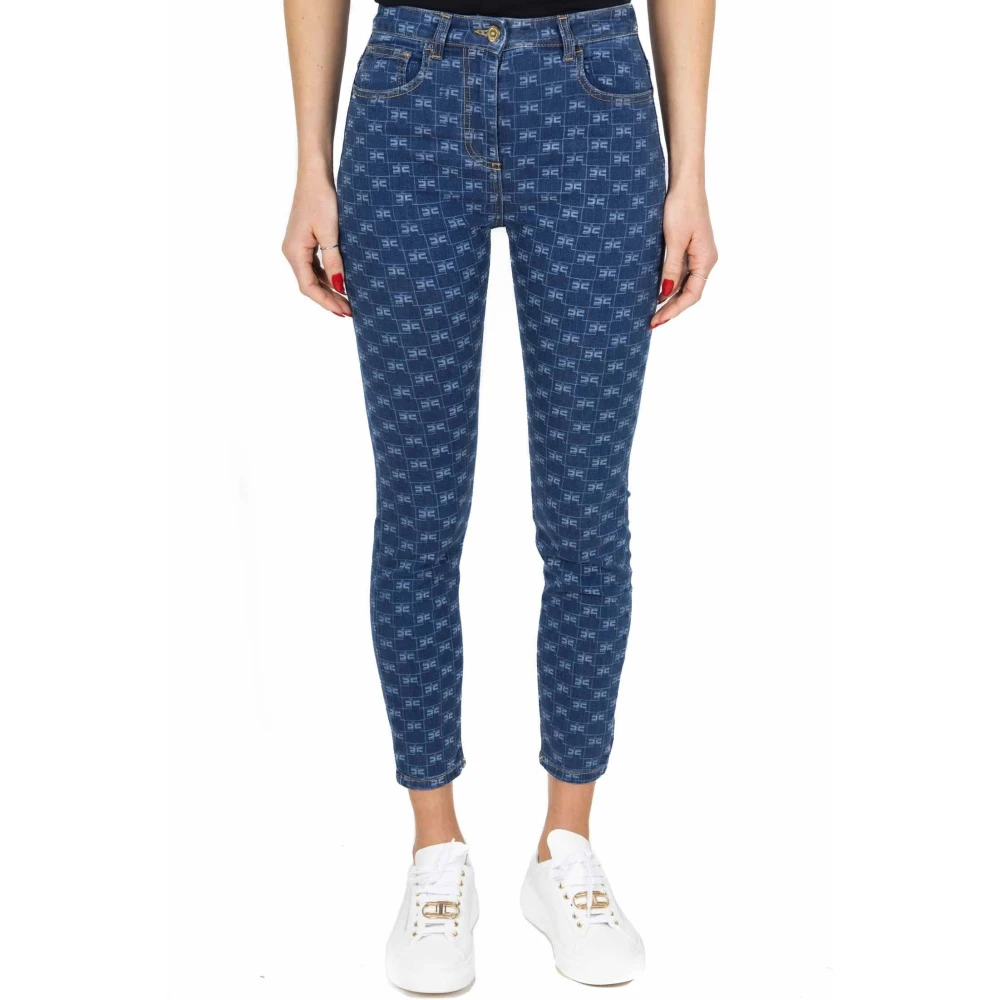 Elisabetta Franchi High-waisted Skinny Jeans met Logo Print Blue Dames