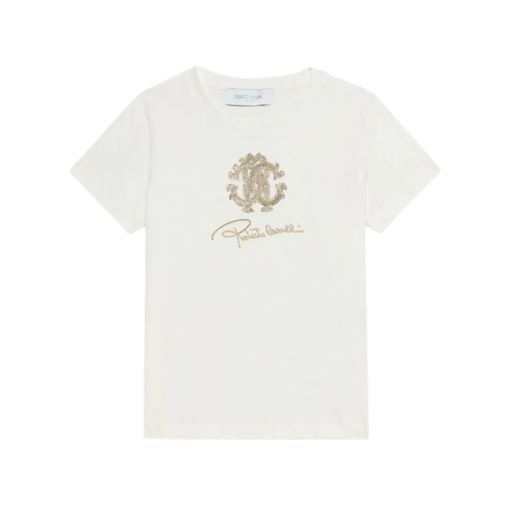 Roberto Cavalli , Kids Short Sleeve T-Shirts, Female, White, 4 Y, Signature Embellished Tee