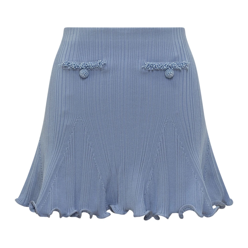 Self Portrait Women's Blue Short Skirts, L, Pearl Trim Knit Mini Skirt