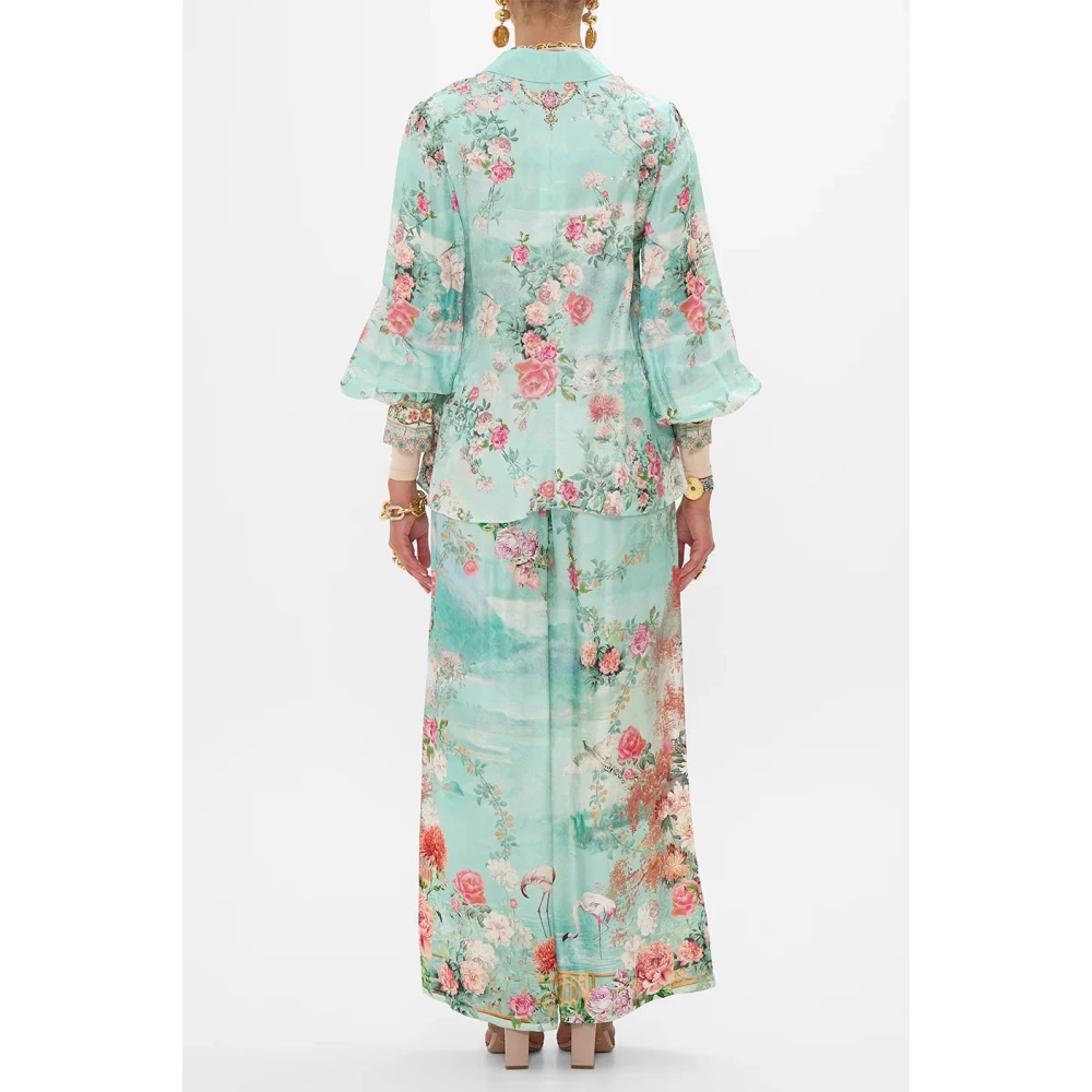 Camilla Zijden blouse met gebogen kraag en kristalversiering Blue Dames