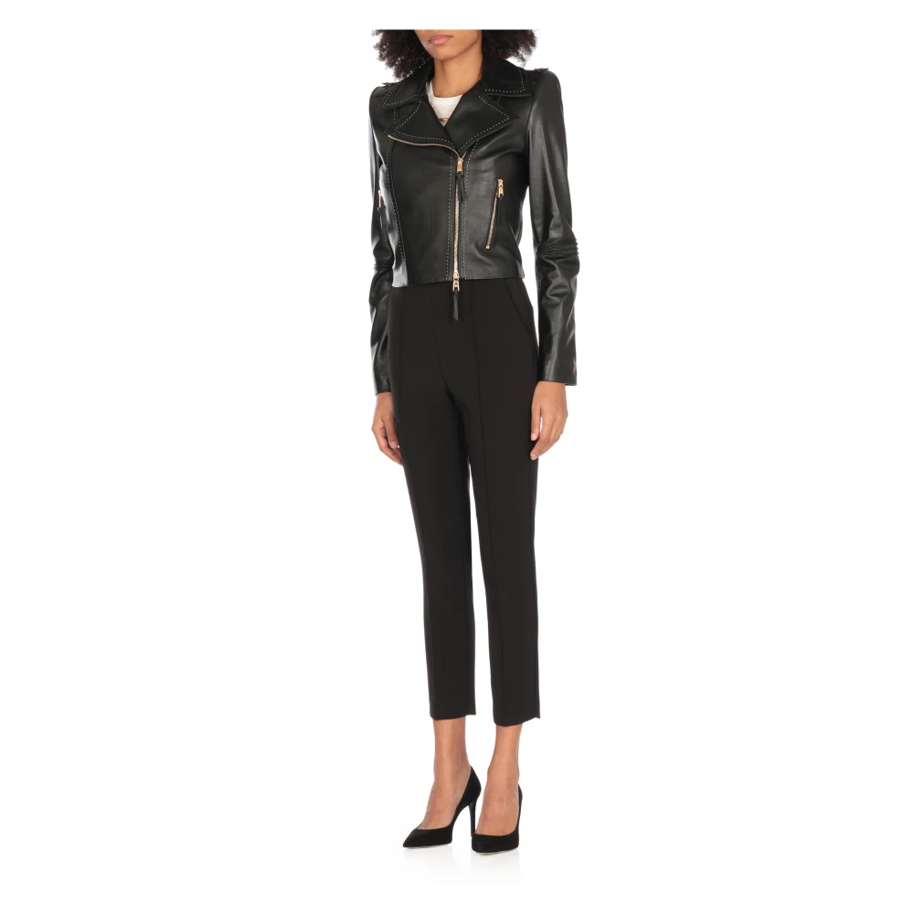 Elisabetta Franchi Zwarte leren jas met ritssluiting zakken Black Dames