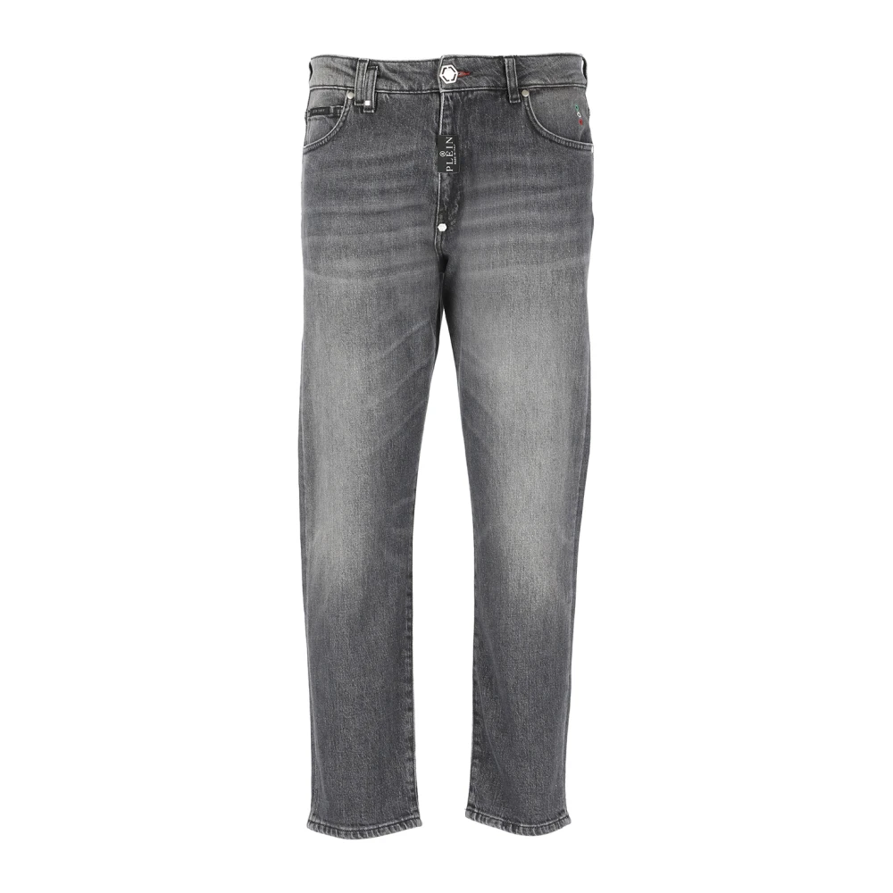 Philipp Plein Grijze Katoenen Jeans met Logo Patch Gray Heren