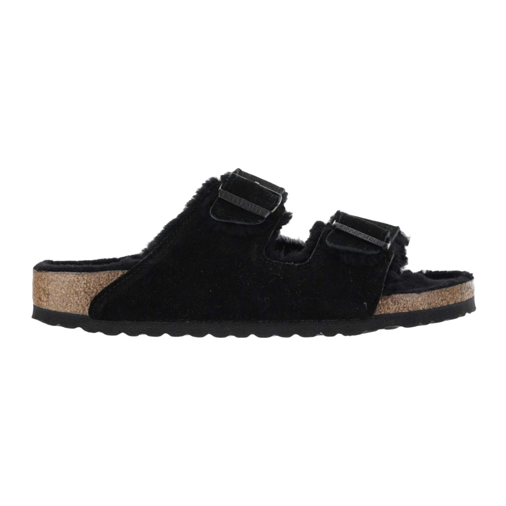 Birkenstock Shearling Svarta Sandaler Justerbara Remmar Kork Black, Dam