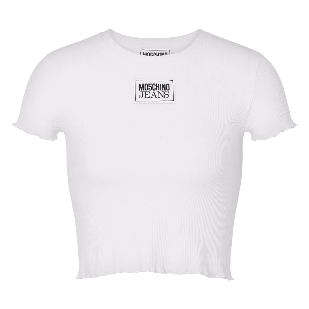 Moschino White T-Shirts, Female, M, Cropped Ribbed T-Shirt