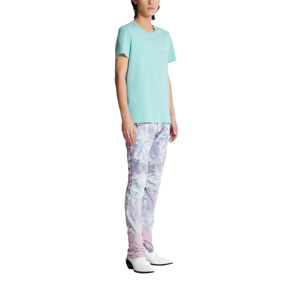 Balmain Paris gevlokt T-shirt met korte mouwen Blue Heren