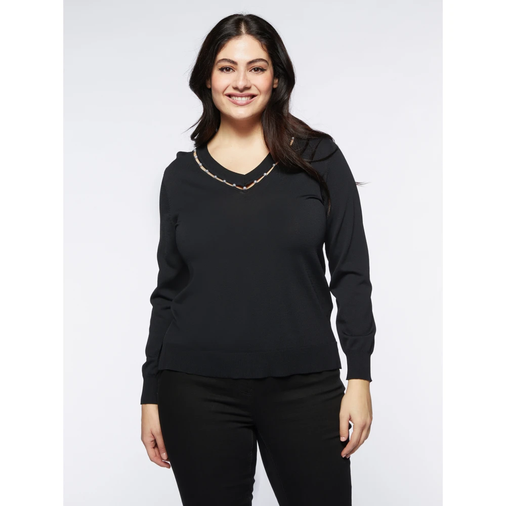 Fiorella Rubino Parelrand V-hals trui Black Dames