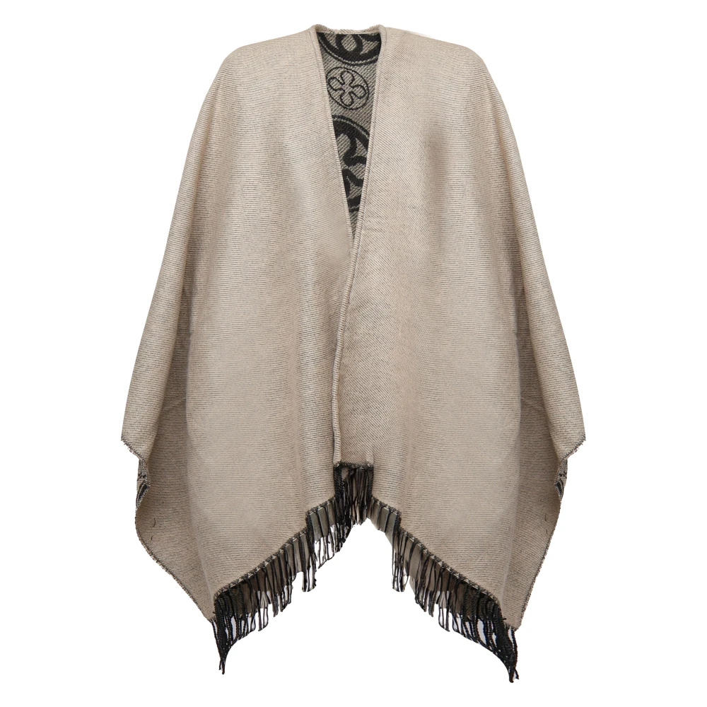 V73 Women's Beige Reversible Jacquard Cape With Fringed Trim - Ponchos - One Size - Jackets