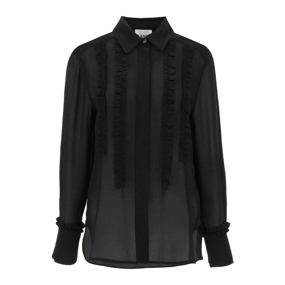 Ganni Gerimpelde chiffon blouse met klassieke kraag Black Dames