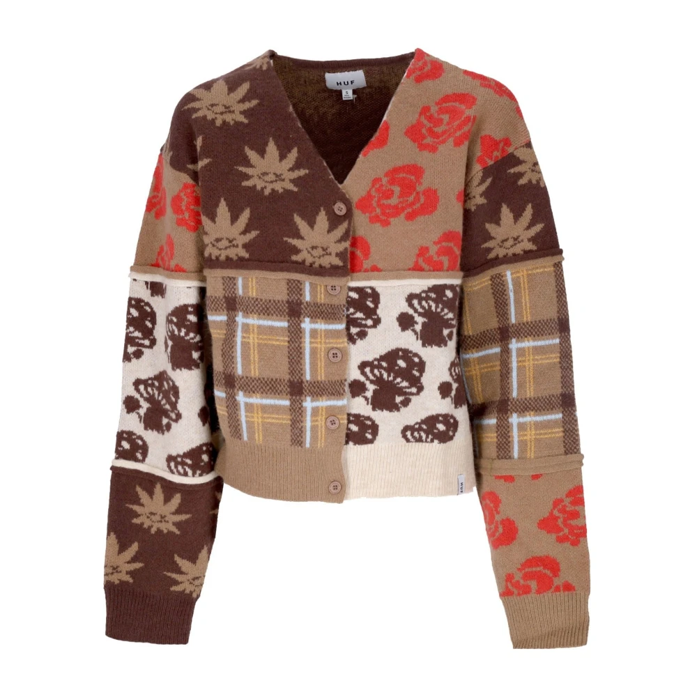HUF Nature Patchwork V-Neck Cardigan Bruin Multicolor Dames