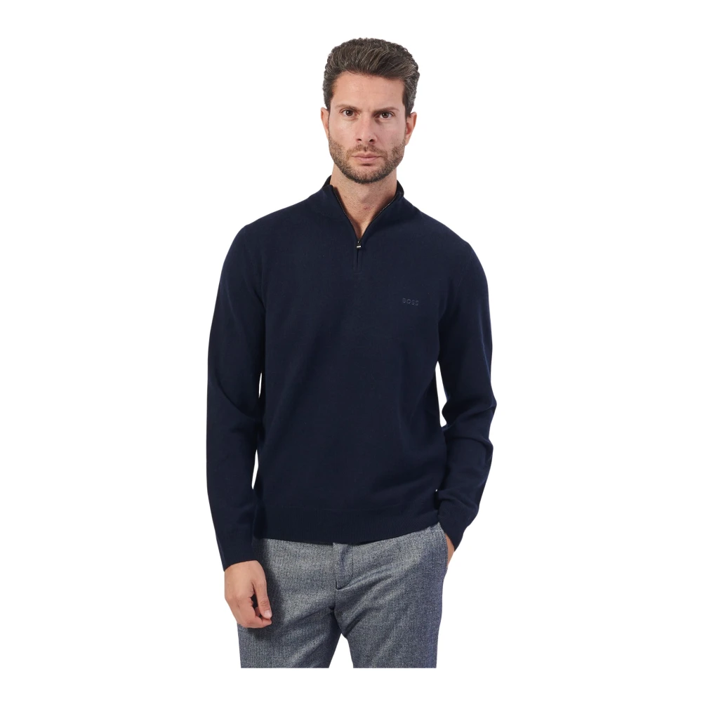 Hugo Boss Blauwe Wol Zip Trui Blue Heren