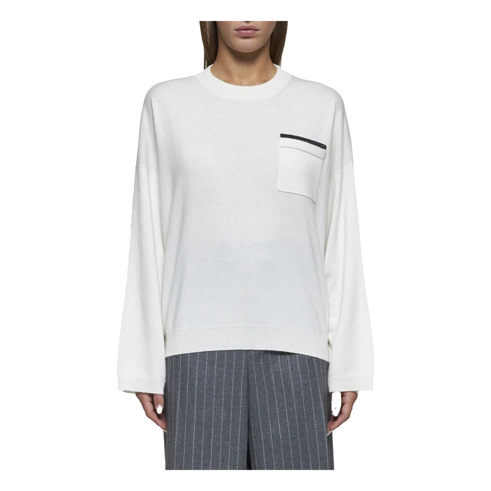 BRUNELLO CUCINELLI Luxe witte kasjmier trui met ronde hals White Dames