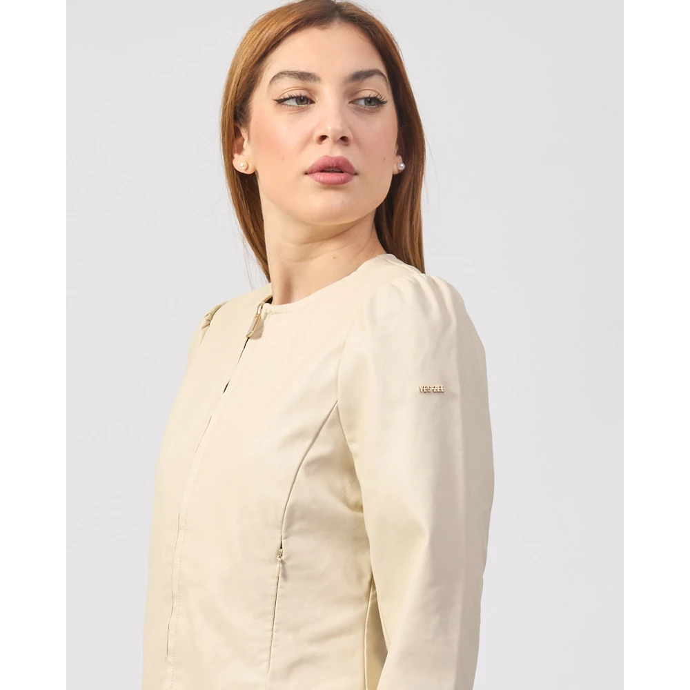 YES ZEE Beige Leren Jas met Strepen Beige Dames
