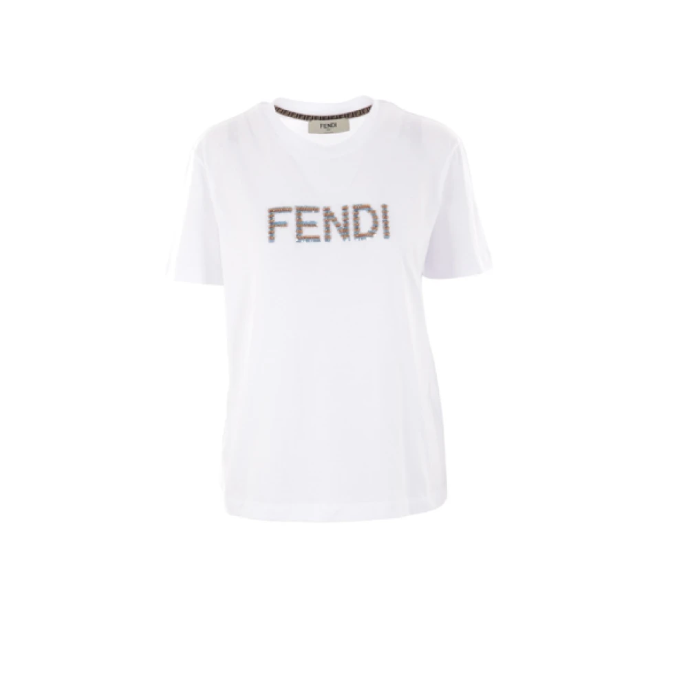 Fendi Wit Katoenen T-shirt met Paillet Logo White Dames