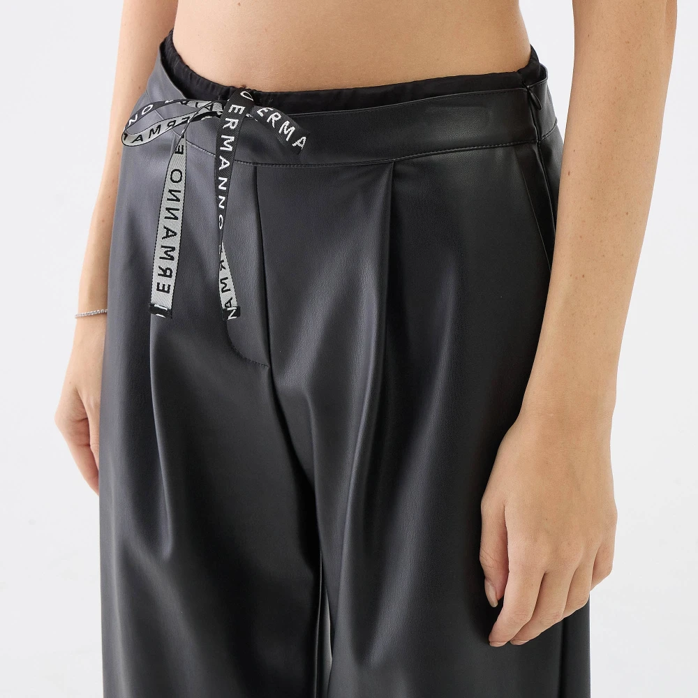 Ermanno Scervino Wijde Pijp Kunstleren Broek met Logo Koord Black Dames