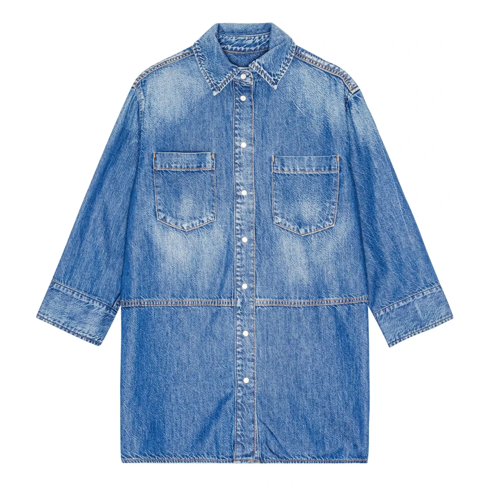 Ganni Women's Blue Denim Jackets, L/Xl, Denim Oversized Long Sleeve Shirt