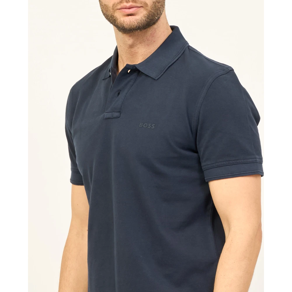 Boss Blauw Polo Shirt Piqué Logo Print Blue Heren