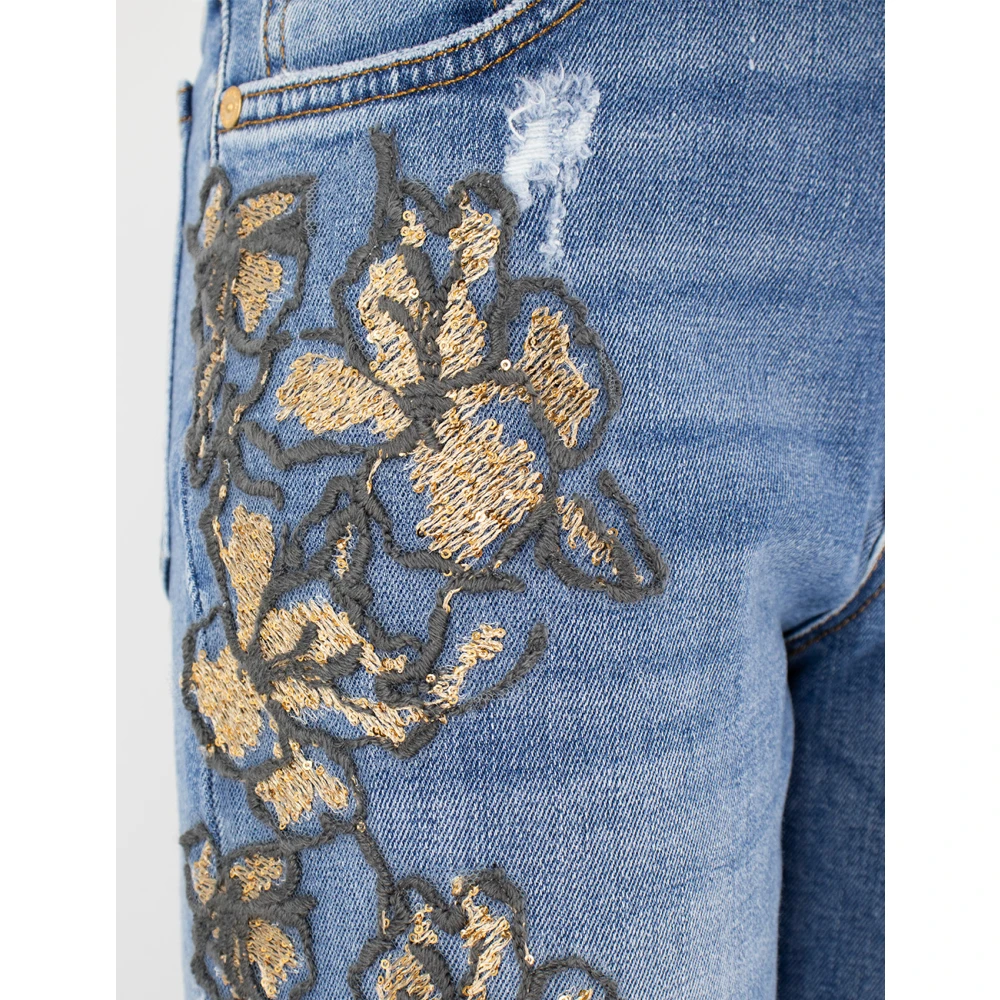 Ermanno Scervino Bloemige Skinny Jeans met Gouden Garens Blue Dames