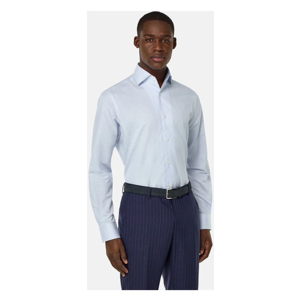 Boggi Milano Regular Fit Gestreept Katoenen en Linnen Overhemd Blue Heren
