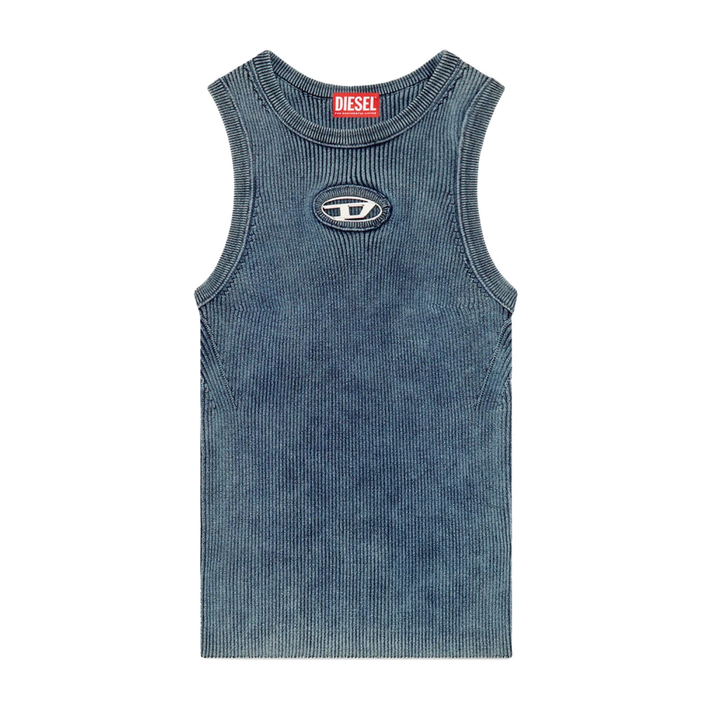 Diesel Geribbelde katoenen tanktop met metalen logo Blue Dames