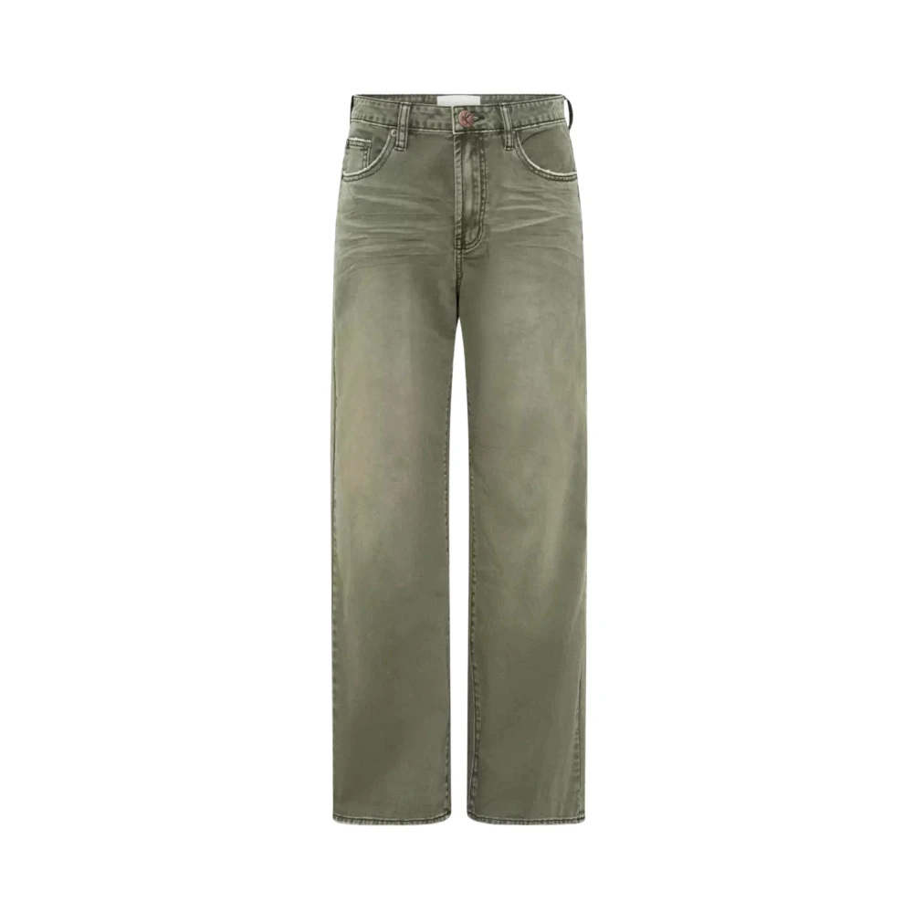 Khaki Bukser med Vide Ben og Distressed Detaljer