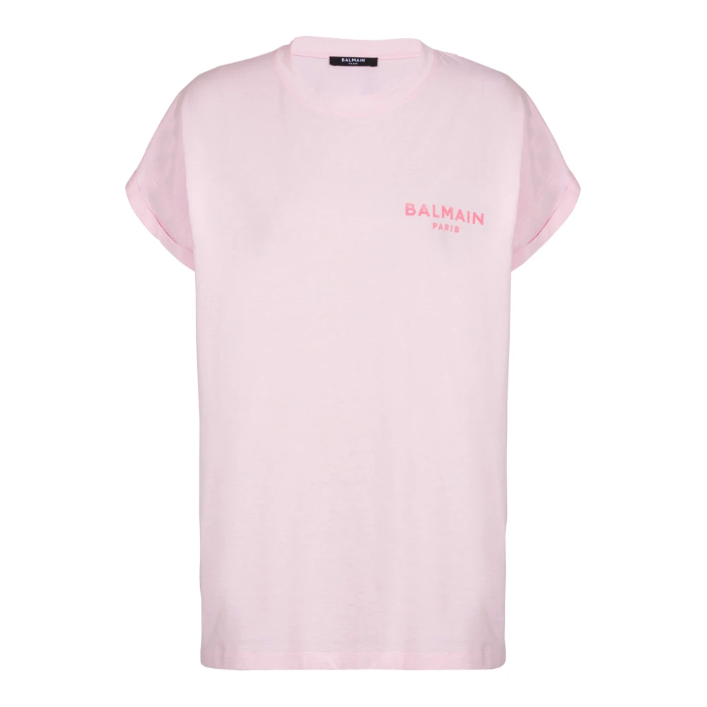 Balmain T-shirt met flock Paris logo Pink Dames