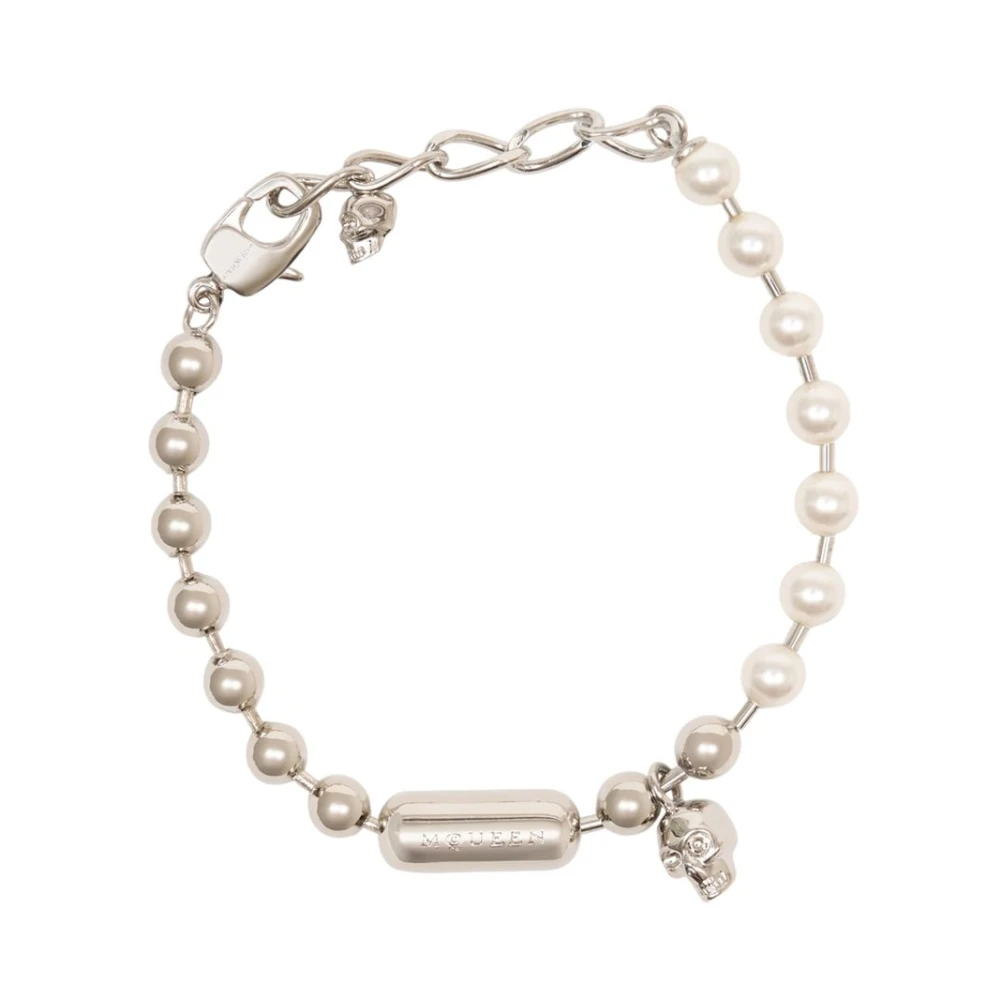Alexander Mcqueen Gray Bracelets, Male, One Size, Skull & Pearl Bracelet