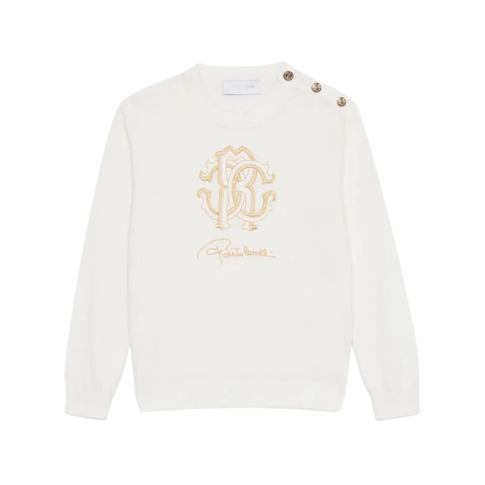 Roberto Cavalli Girls White Kids Sweatshirts, 6 Y, Golden Monogram Sweatshirt With Shoulder Buttons