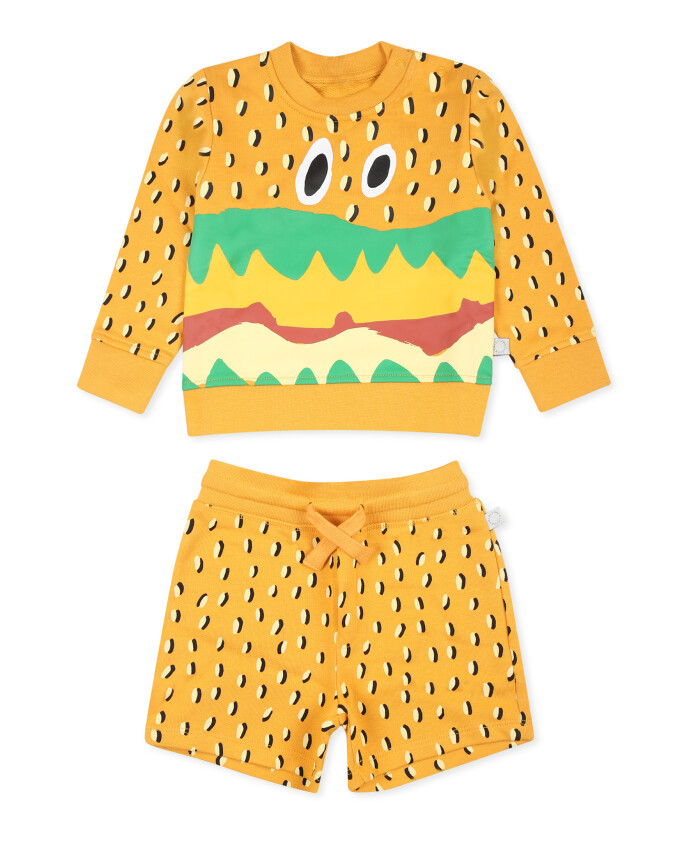 yellow-short-sports-suit-with-hamburger-print