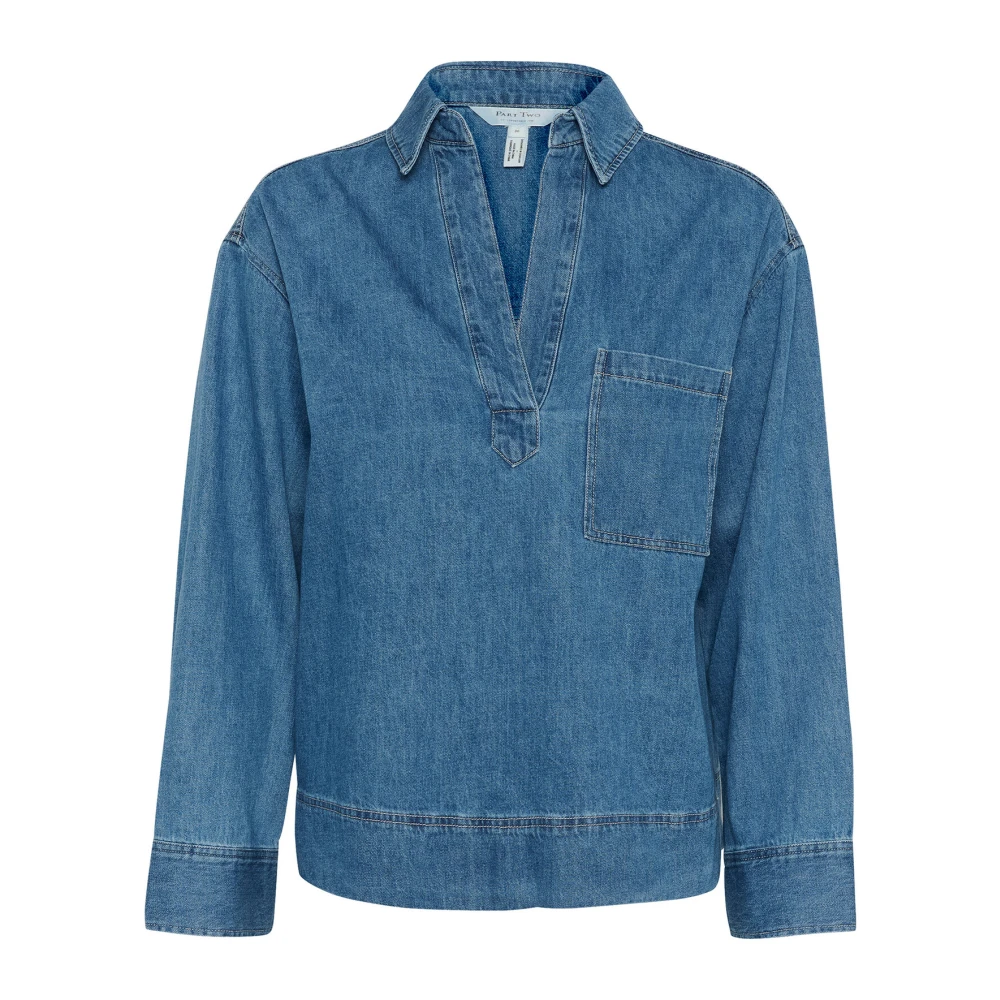 Part Two Denim blouse met kraag en zak Blue Dames
