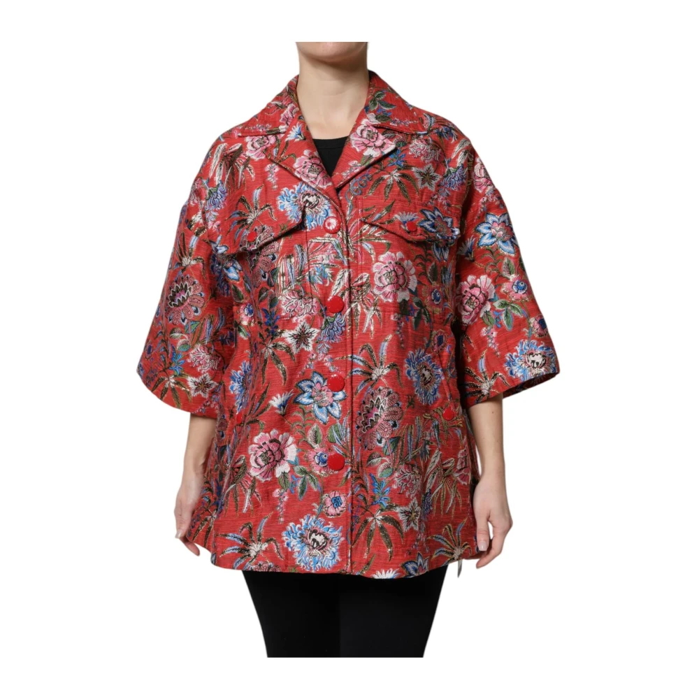 Dolce & Gabbana Vrouw Rood Jassen Dames, M, Katoen, Rode Jacquard Jas Met Bloemen En Knopen