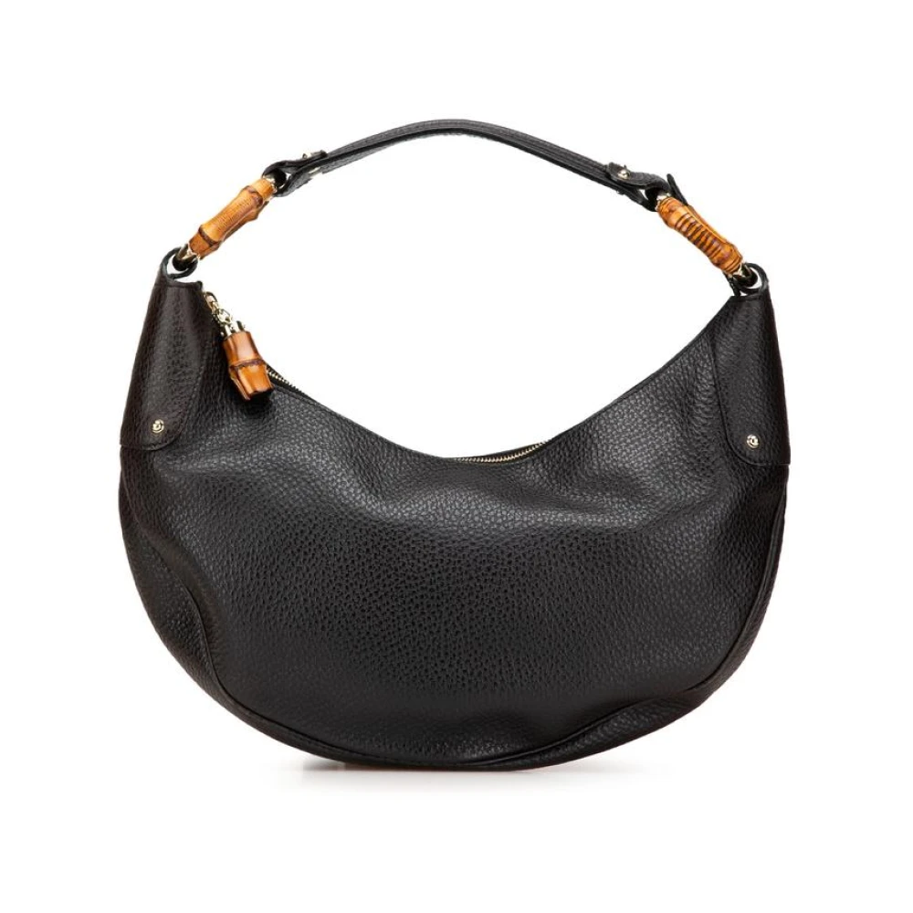 Gucci Vintage Women's Black Pre-Owned Pebbled Calfskin Bamboo Ring Hobo Bag